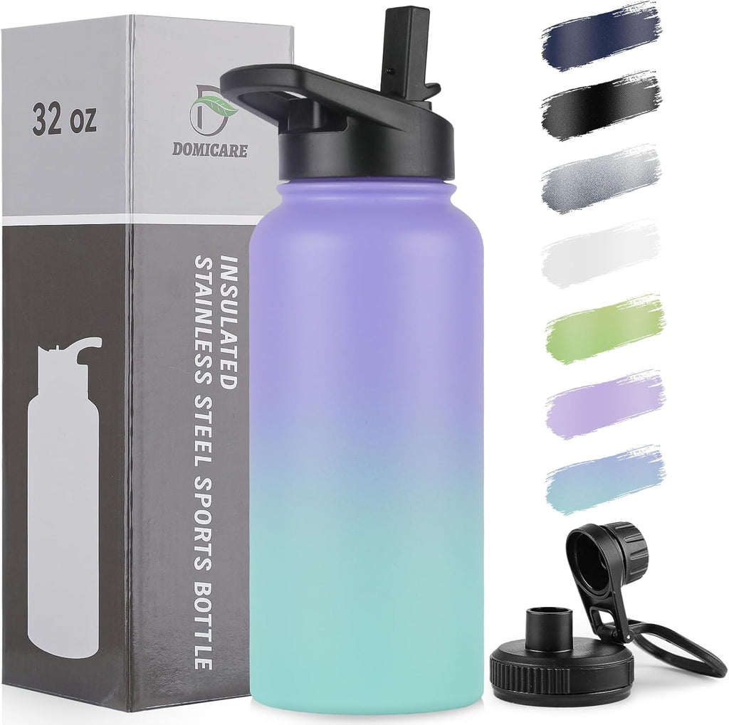 DOMICARE 16 oz Kids Water Bottle for School Stainless Steel Double Wall Vacuum Insulated Water Bottle with Straw lids & Spout Lid, Leakproof BPA Free (Light Blue,1)