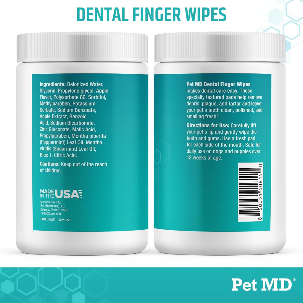 Pet MD Pet Dental Finger Wipes for Dogs - Plaque and Tartar Remover - 50ct