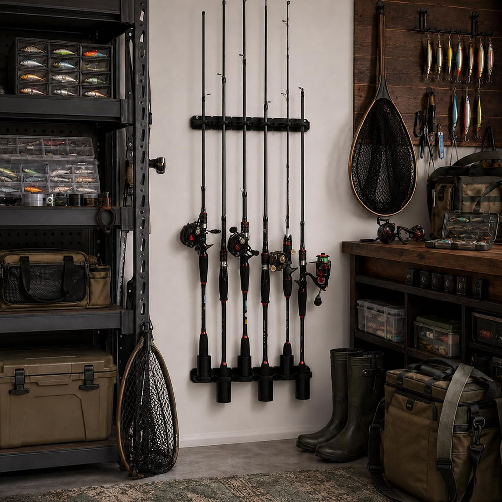 HITORHIKE Heavy Duty Fishing Rod Storage Rack, Wall/Ceiling Mount Vertical Pole Holder, Garage Fishing Pole Organizer for Gifts(Black-1pack)