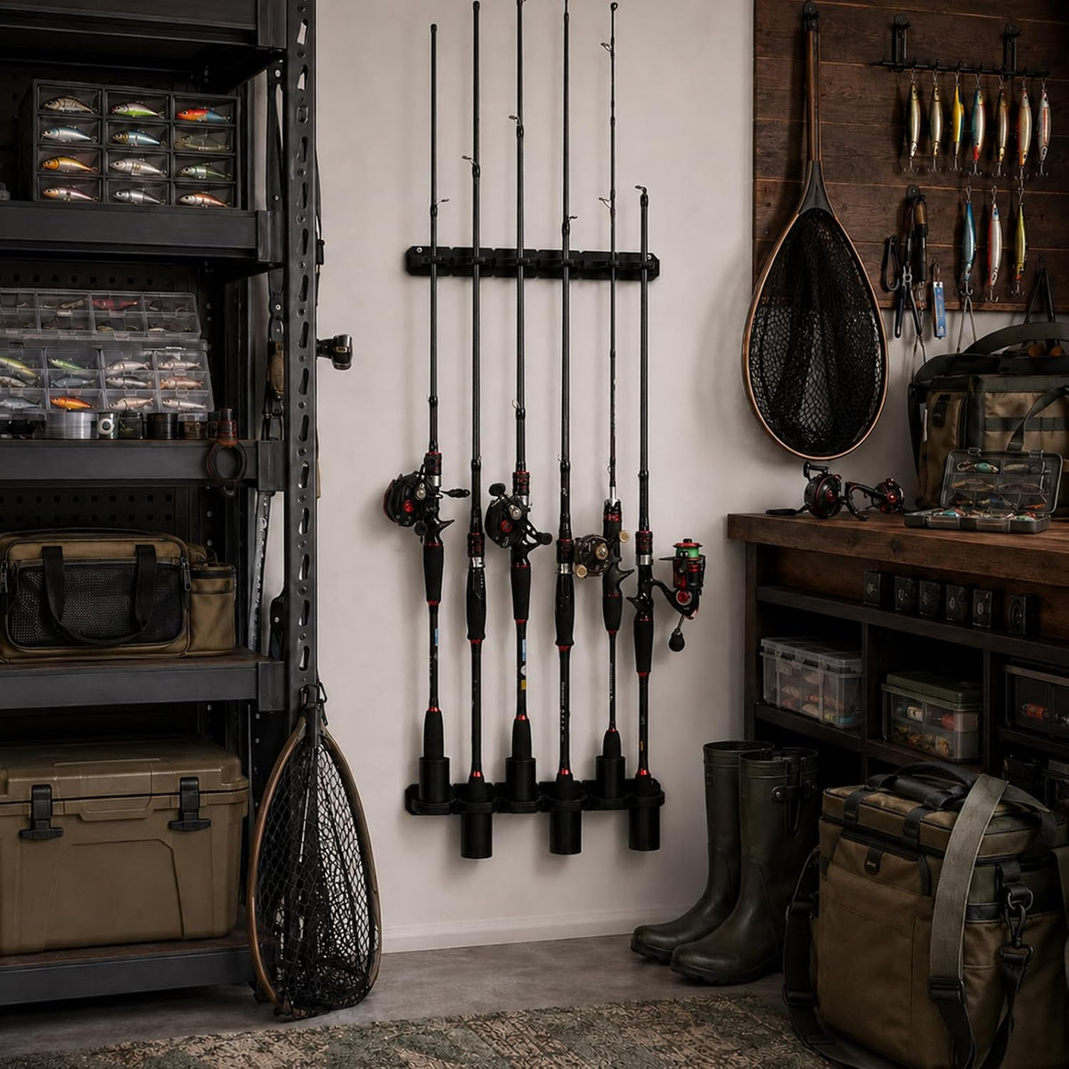 HITORHIKE Heavy Duty Fishing Rod Storage Rack, Wall/Ceiling Mount Vertical Pole Holder, Garage Fishing Pole Organizer for Gifts(Black-1pack)
