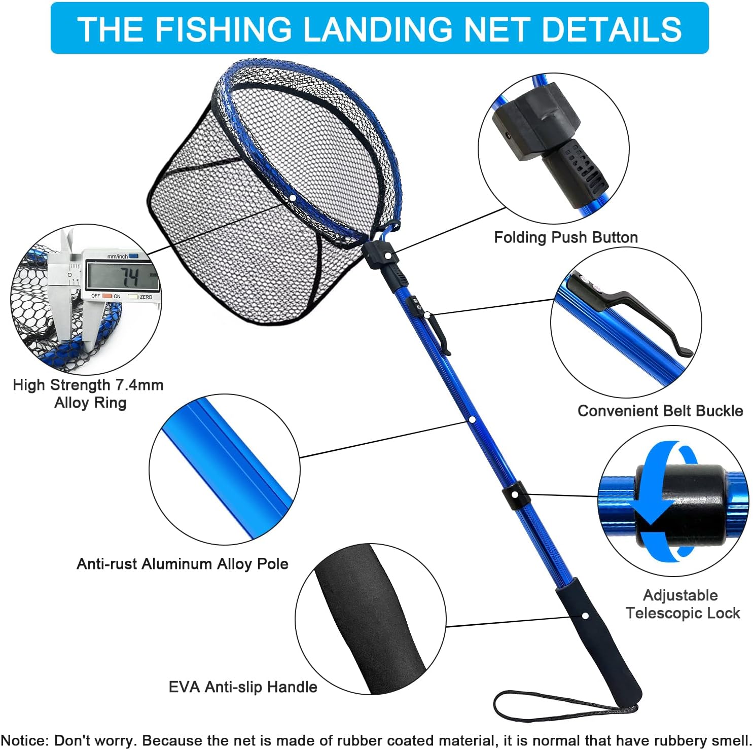 LBW Collapsible Fishing Net with Handle, Folding Kayak Net for Freshwater or Saltwater, Trout Catfish Bass Compact Rubber Landing Net