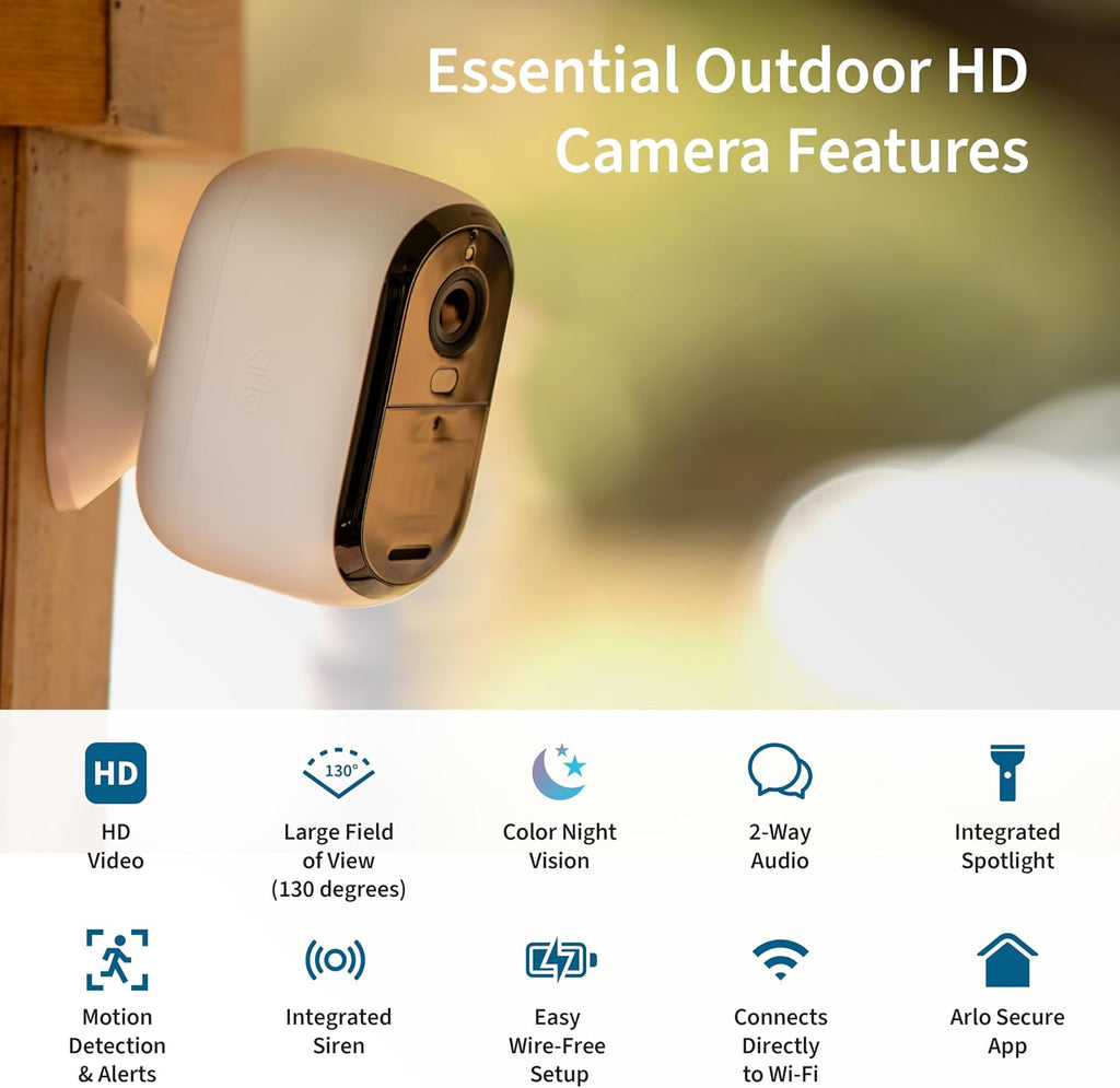 Arlo Essential Security Cameras Wireless Outdoor 1080p HD (2nd Gen, 2023 Release) - Battery Power, Person Recognition, Package Detection, Animated Preview, 1-Month Trial of Secure Plan, 1 Cam, White