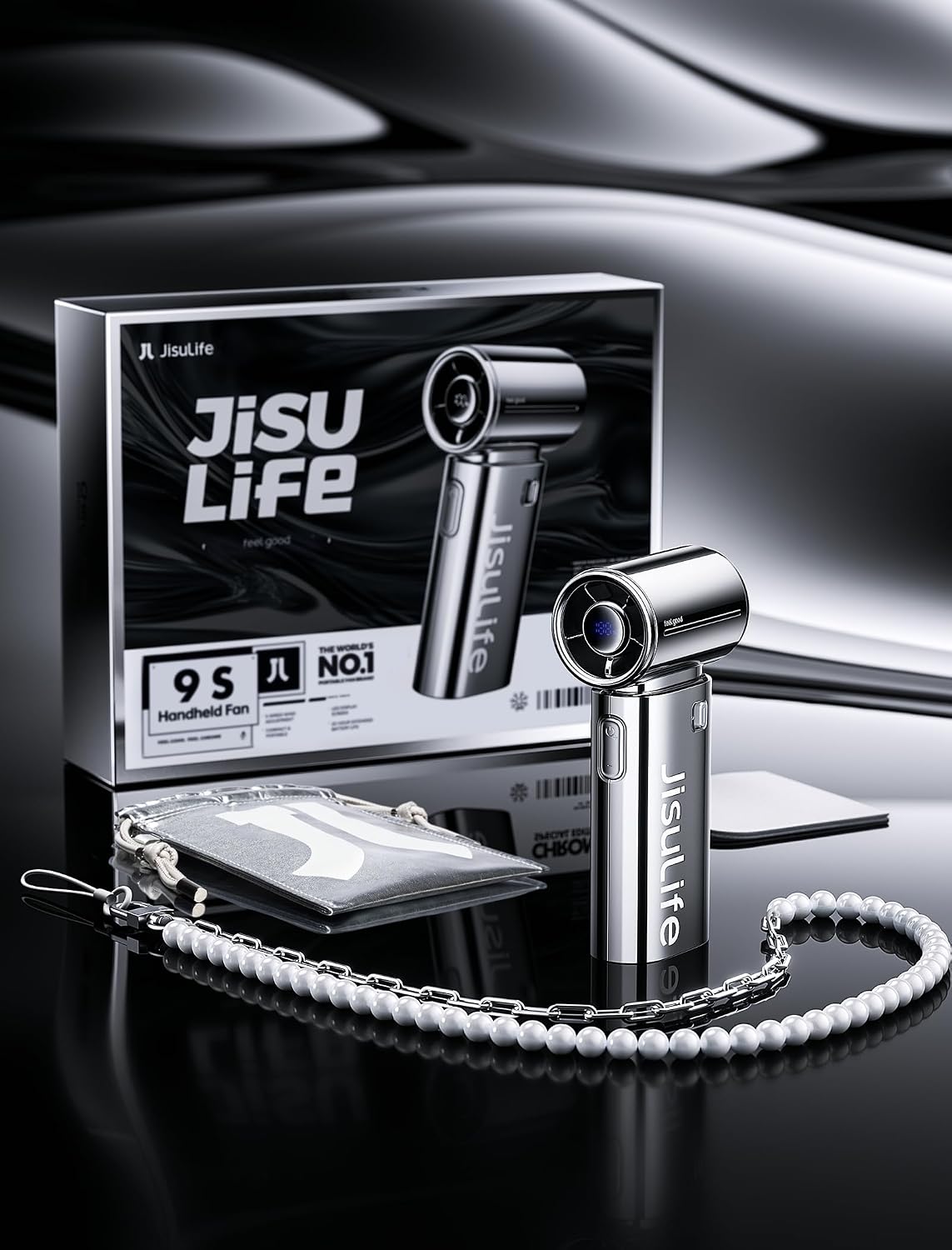 JISULIFE Handheld Fan Life9S - Sleek Chrome: Turbo Power, 22 Hours Cooling