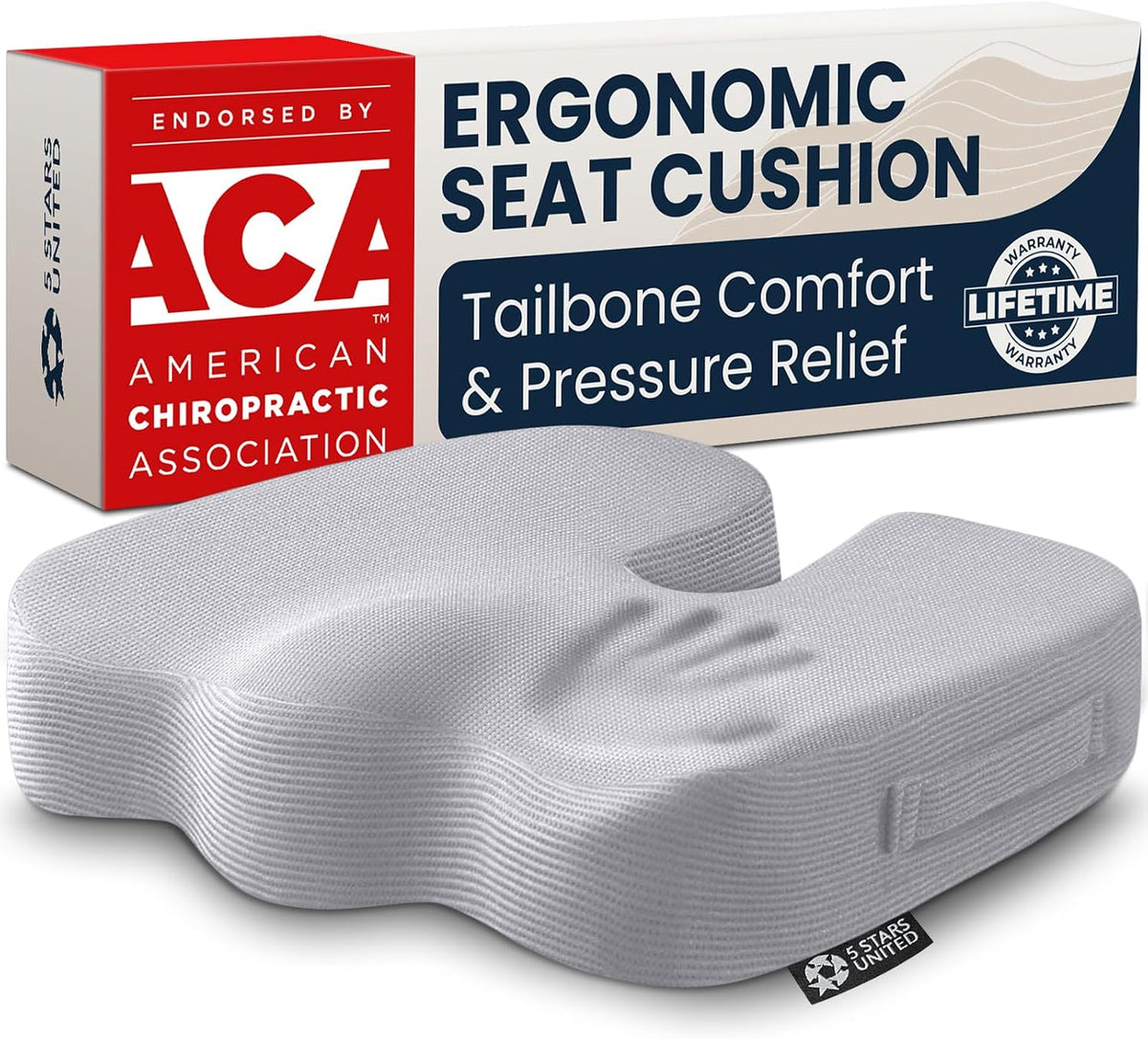 5 STARS UNITED Seat Cushion - Memory Foam Chair Cushion for Tailbone Pain Relief - Ergonomic Support for Coccyx, Sciatica & Butt - Office, Desk & Gaming Chair, Car Seat, Wheelchair, Airplane, L Gray