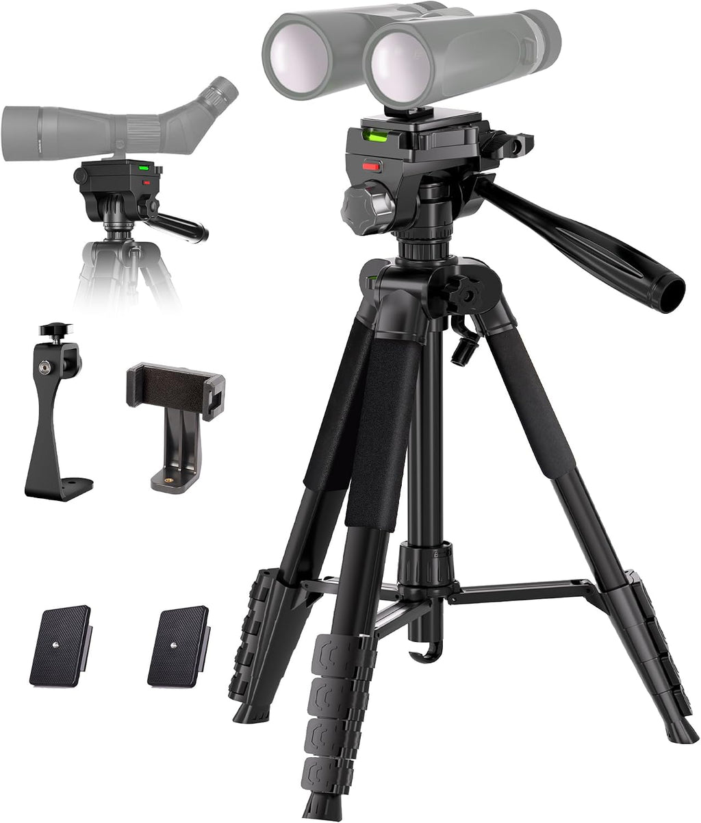 Binocular Tripod, 72” Spotting Scope Tripod Stand with Binocular Adapter and 2 QR Plates, Travel Camera Stand with Phone Holder/Carry Bag, Compatible with Binoculars/Spotting Scope/Camera/Phone