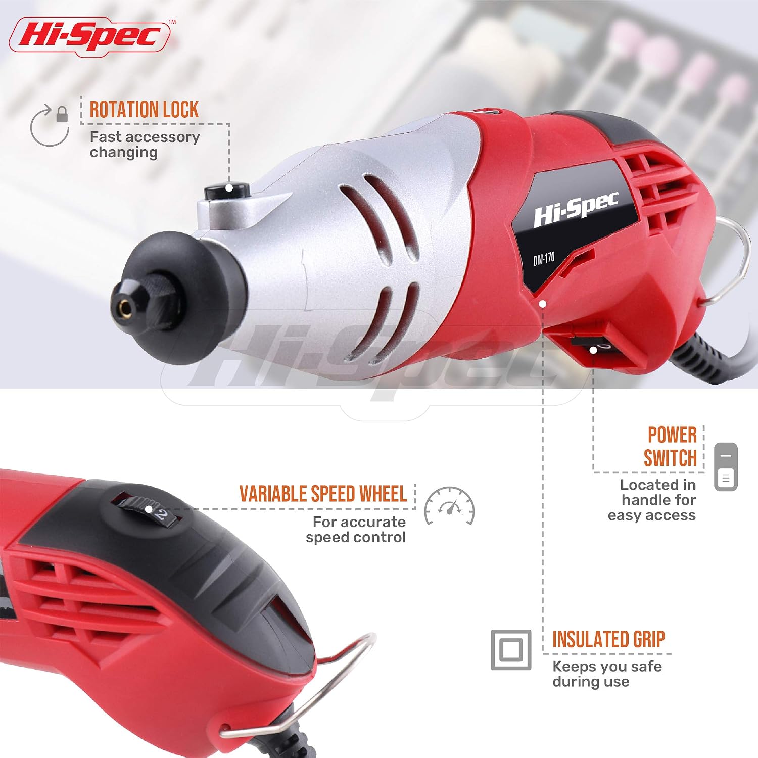 Hi-Spec Rotary Tool Kit 170W 1.4A with Dremel Compatible Bit Accessories