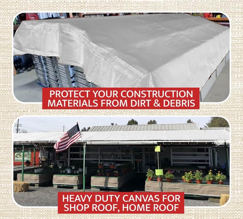 8' x 10' White Canvas Tarp 12oz - Water Resistant & Breathable - Heavy Duty Tarps - Multipurpose Tarpaulin Cover for Camping Tent