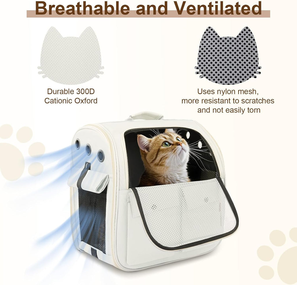 Airline Approved Cat Carrier Backpack - Ventilated Breathable Mesh for Small Dogs & Cats (15lbs), Soft Sided Dog Backpack for Hiking, Camping, Travel & Vet Visits with Padded Straps (White)