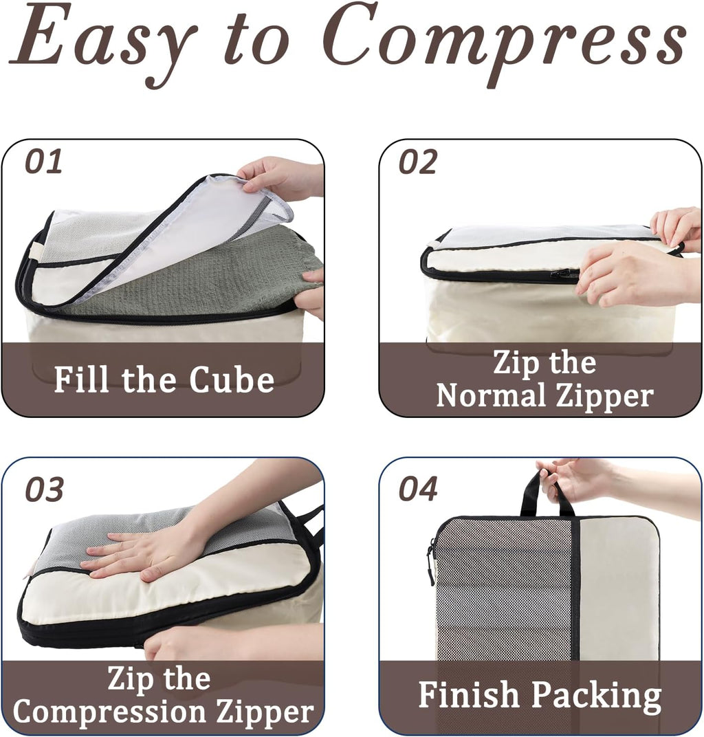 U+U 4 Set Compression Packing Cubes, Travel Organizers (Cream)