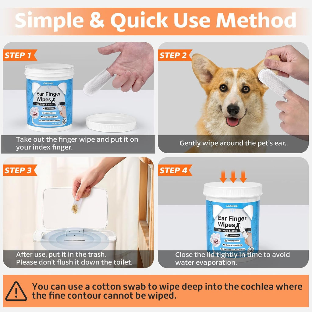 OBSEDE Ear Finger Wipes for Dogs & Cats, 120 Count, Alcohol Free Pet Care