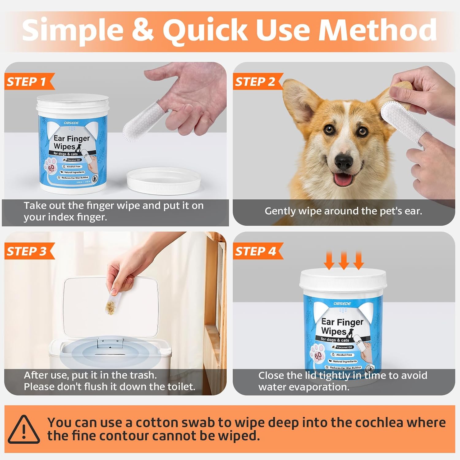 OBSEDE Ear Finger Wipes for Dogs & Cats, 120 Count, Alcohol Free Pet Care
