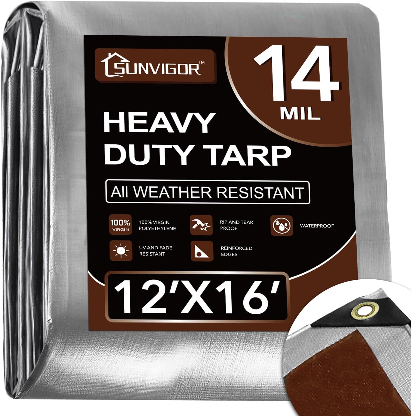 Sunvigor Tarp Waterproof 12x16Ft, Heavy Duty Tarp Cover Extra Thick 14 Mil Tear and UV Resistant, Outdoor Tarps with Grommets and Reinforced Edges for Roof, Camping, Patio, Pool, Boat (Silver/Brown)