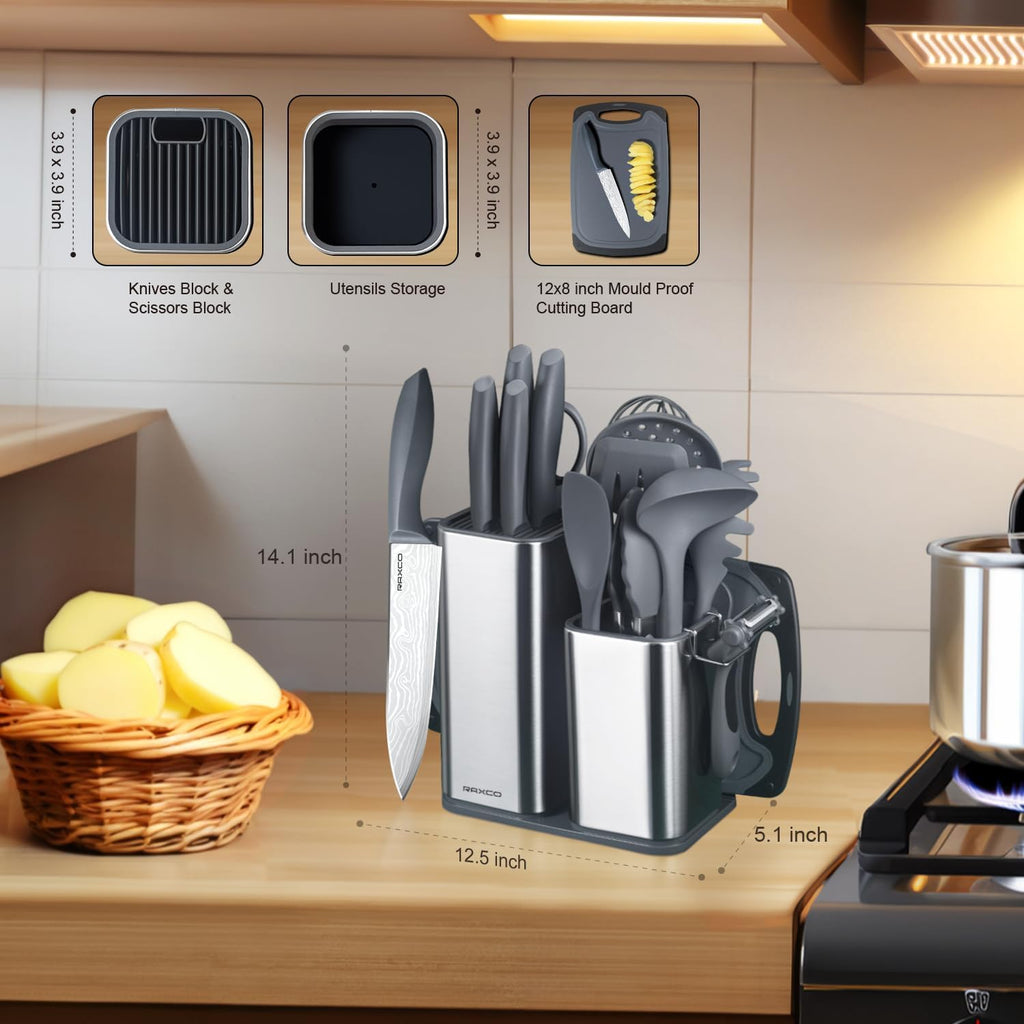 RAXCO Kitchen Set,18-Piece Cooking Utensils and Kitchen Knife Set,Gray