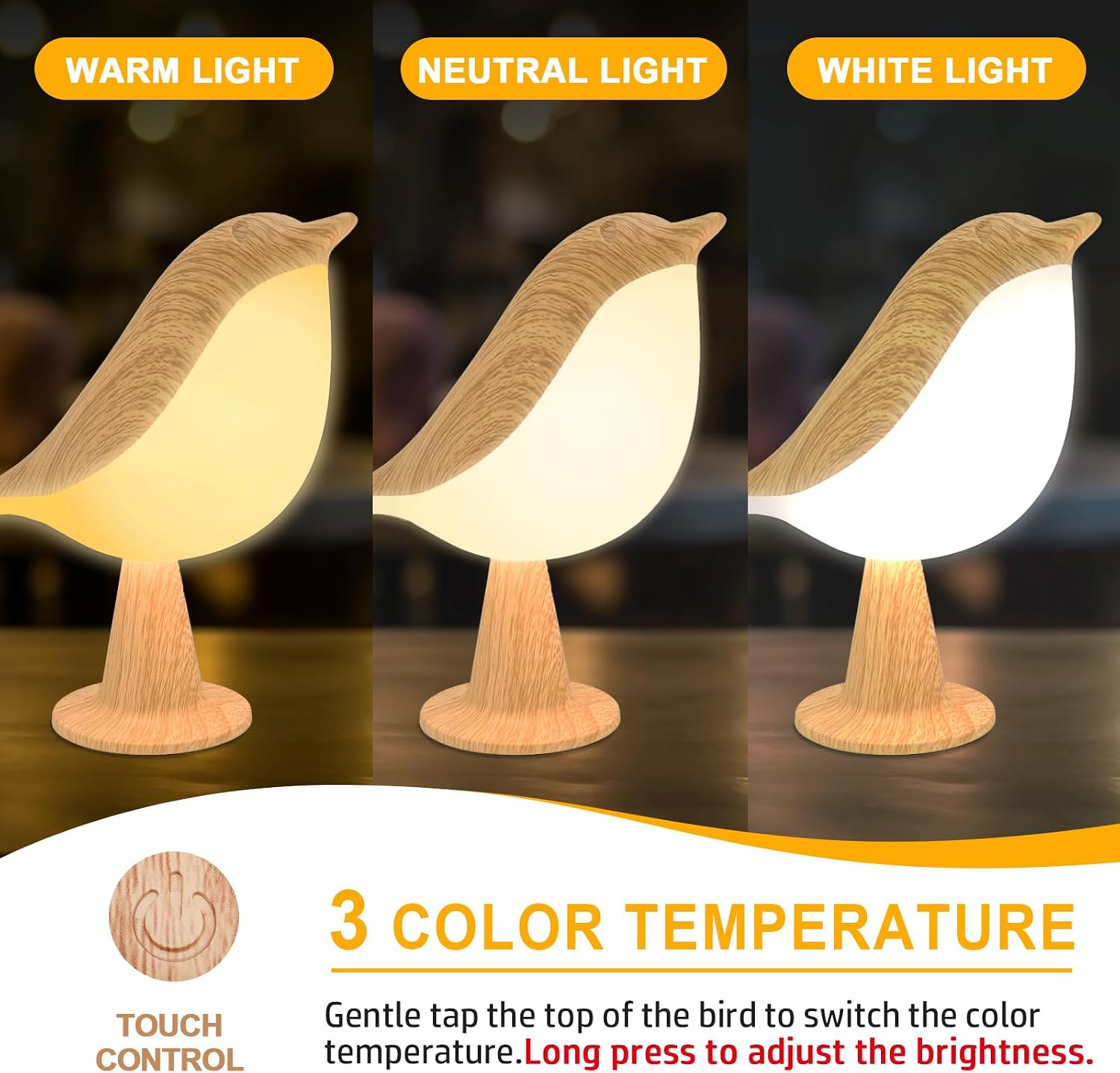Deogos Small Desk Lamp, Cute Bird Light Cordless Lamp with 3 Color Temperature and Touch Sensor,Kids Night Light with Rechargeable Battery for Bedroom Nightstand Bedside Table Room Decor