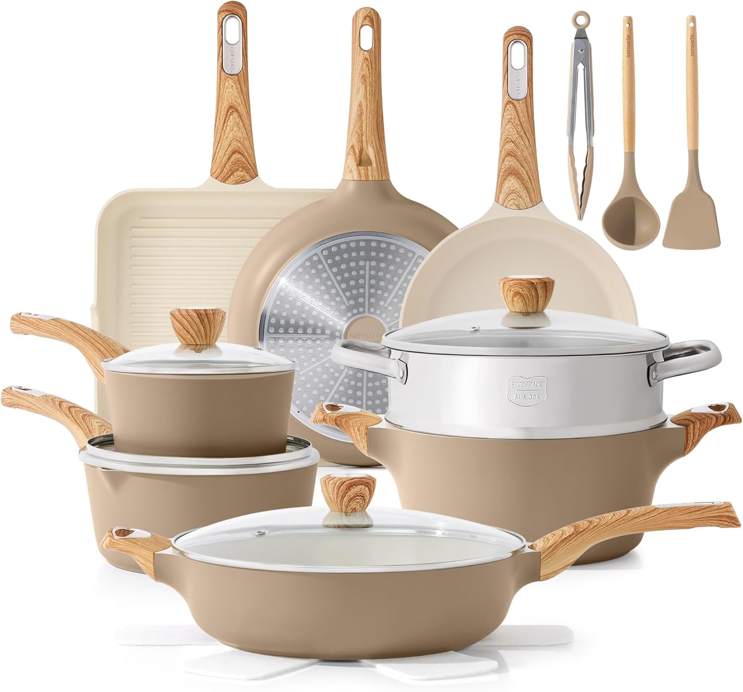 SENSARTE Ceramic Cookware Sets, Pots and Pans Set Nonstick, 20-Piece Induction Cookware, Non-toxic Healthy Non Stick Kitchen Cooking Set with Stay-Cool Handles, PFAS PTFE PFOA PFOS Free