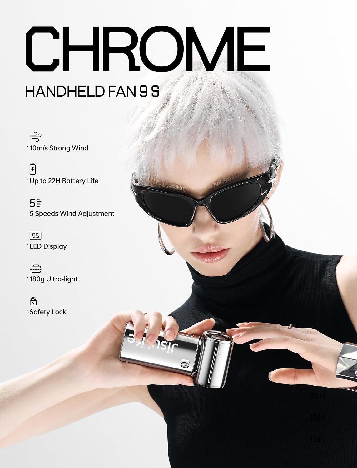 JISULIFE Handheld Fan Life9S - Sleek Chrome: Turbo Power, 22 Hours Cooling