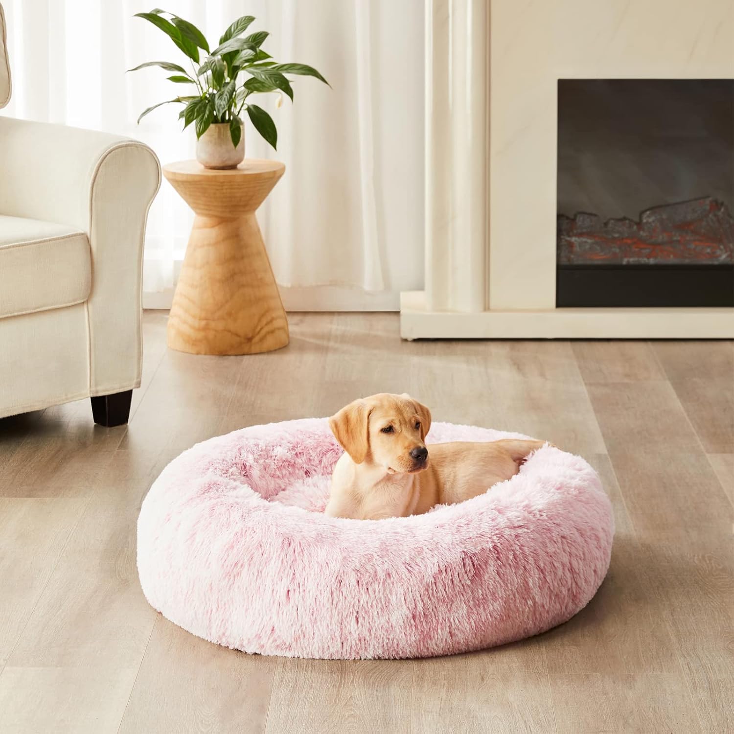 WNPETHOME Small Pink Round Calming Dog Bed Cat Bed for Comfy Sleep