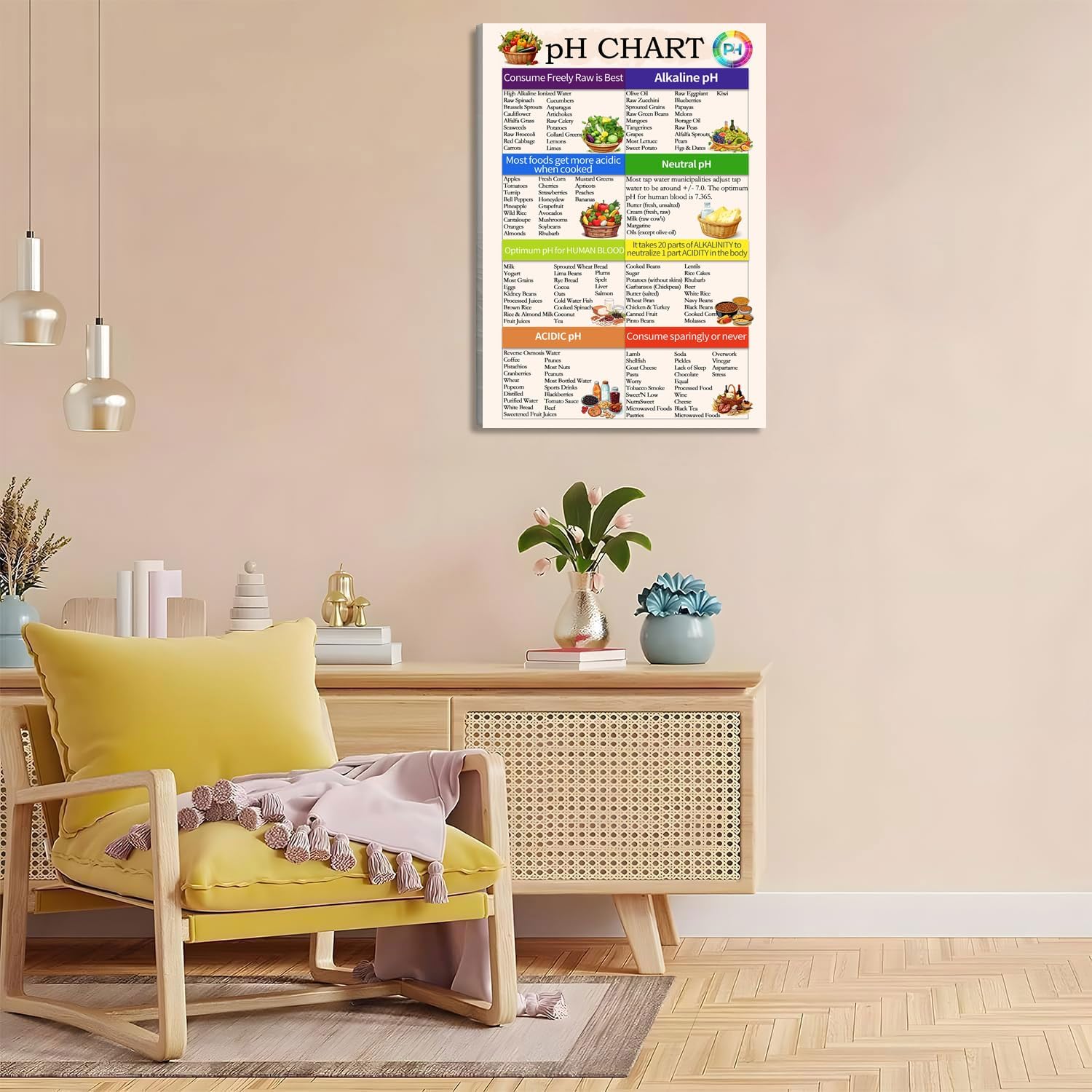 PH Food Chart Canvas Wall Art the ph scale Picture Healthy Acid Reflux to Eat Alkaline Diet Balance Sheet Poster Kitchen Living Room Guide Nutrition Decor Framed 12 * 18 Inch