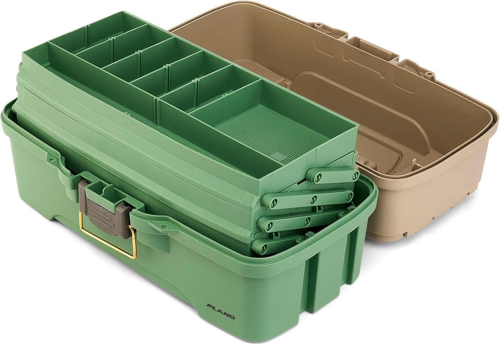 Plano Three-Tray Tackle Box Catfish Kit, Green/Tan, Rust-Proof Brass Latch, Top-Access Tray Compartments with Deep Storage, Made in the USA, Portable Fishing Gear Storage Organizer