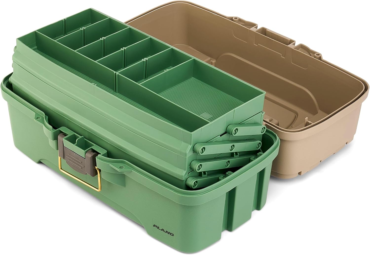 Plano Three-Tray Tackle Box Catfish Kit, Green/Tan, Rust-Proof Brass Latch, Top-Access Tray Compartments with Deep Storage, Made in the USA, Portable Fishing Gear Storage Organizer