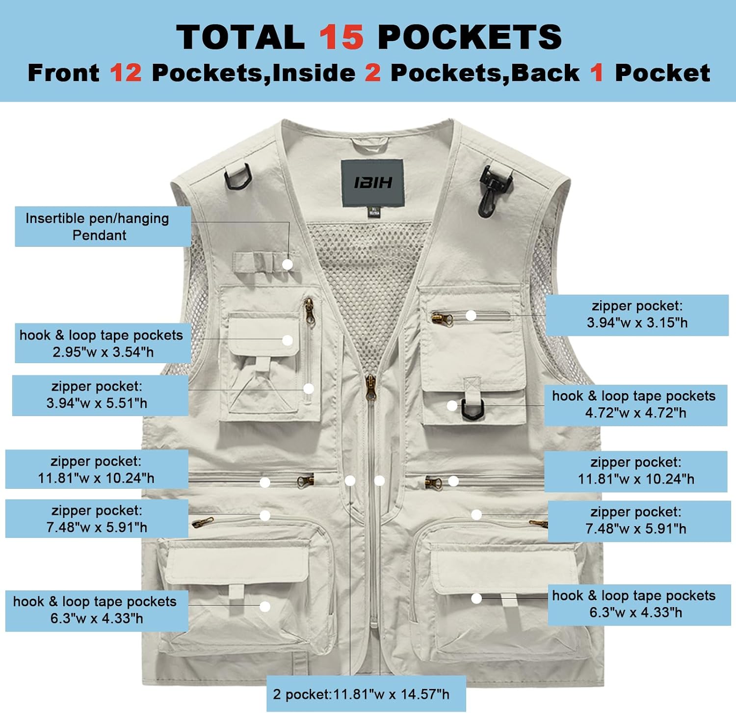 Mens Outdoor Vest Breathable Quick-Dry Fishing Vest Camping Hiking Lightweight Vest with Multi-Pocket