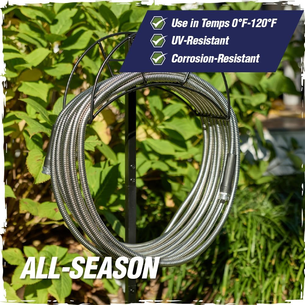 RUGGED RHINO Metal Garden Hose with Spray Nozzle, 50FT, 304 Stainless Steel, 750 PSI Burst Strength, Heavy Duty Flexible Water Hose, Kink Resistant, Leakproof for Yard, Lawn and Outdoor Use, Silver