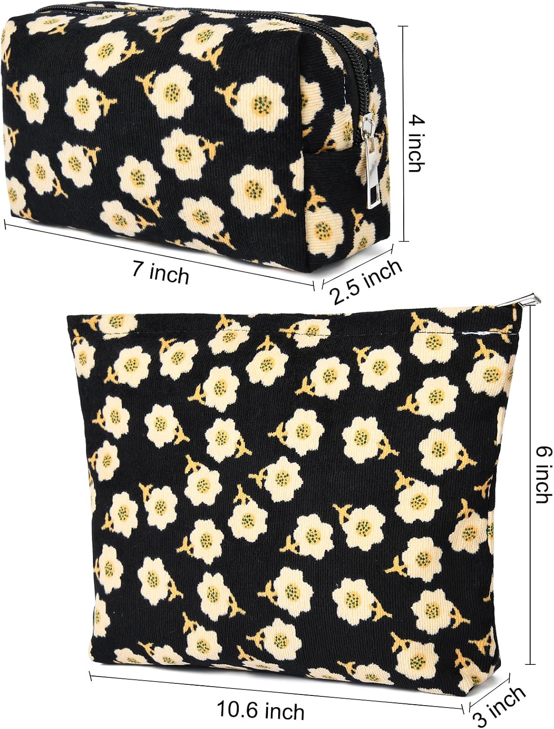 SOIDRAM 2 Pieces Flower Makeup Bag Large Cosmetic Bag Capacity Canvas Mix Travel Toiletry Bag Organizer Cute Makeup Brushes Aesthetic Accessories Storage Bag for Women, Flower Mix Black