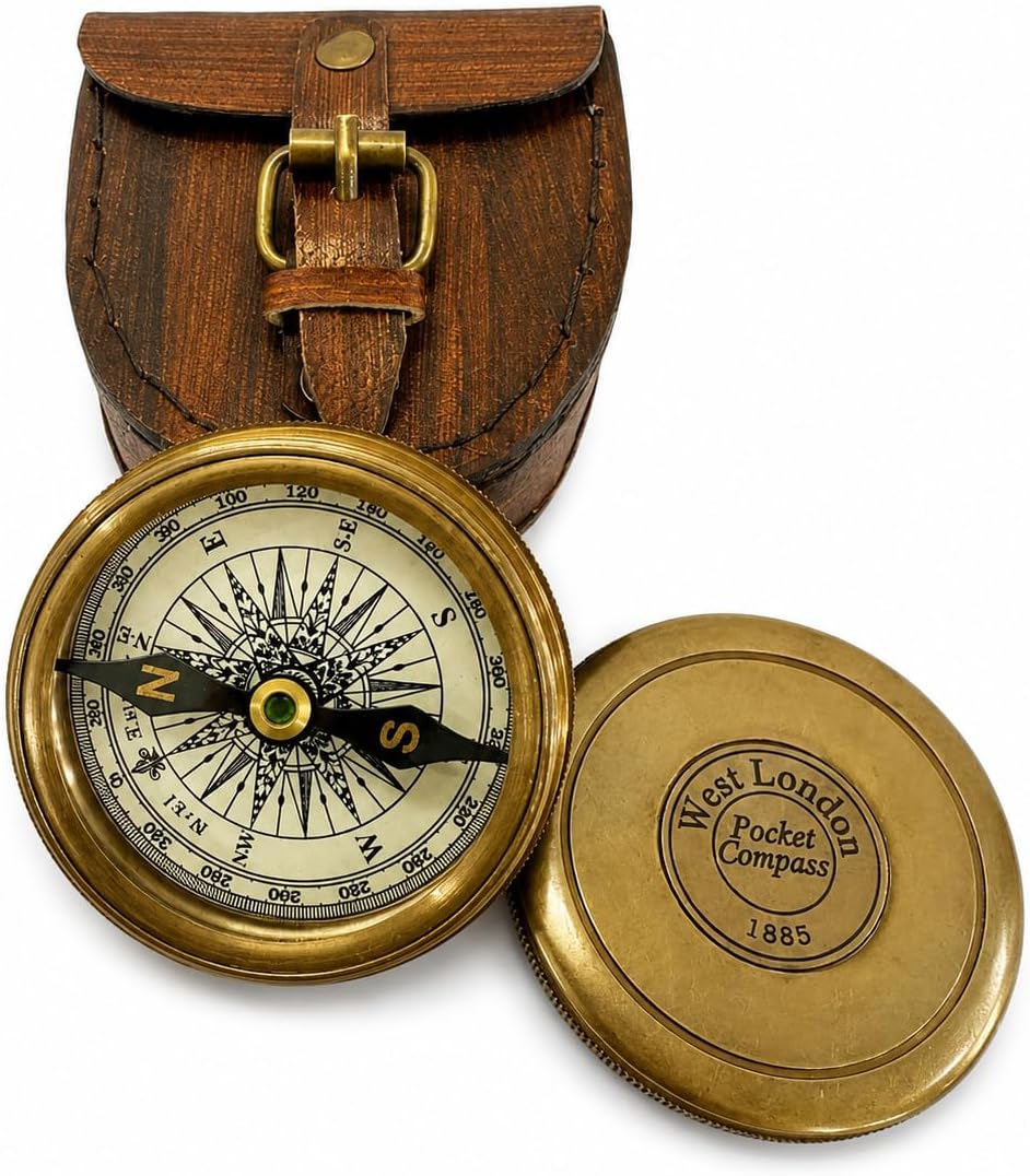 Antique Brass Pocket Compass with Leather Case Gifts | Engraved Compasses for Graduation, Him, Her, Husband, Dad, Son/Friends Compass for Camping, Hiking, Touring