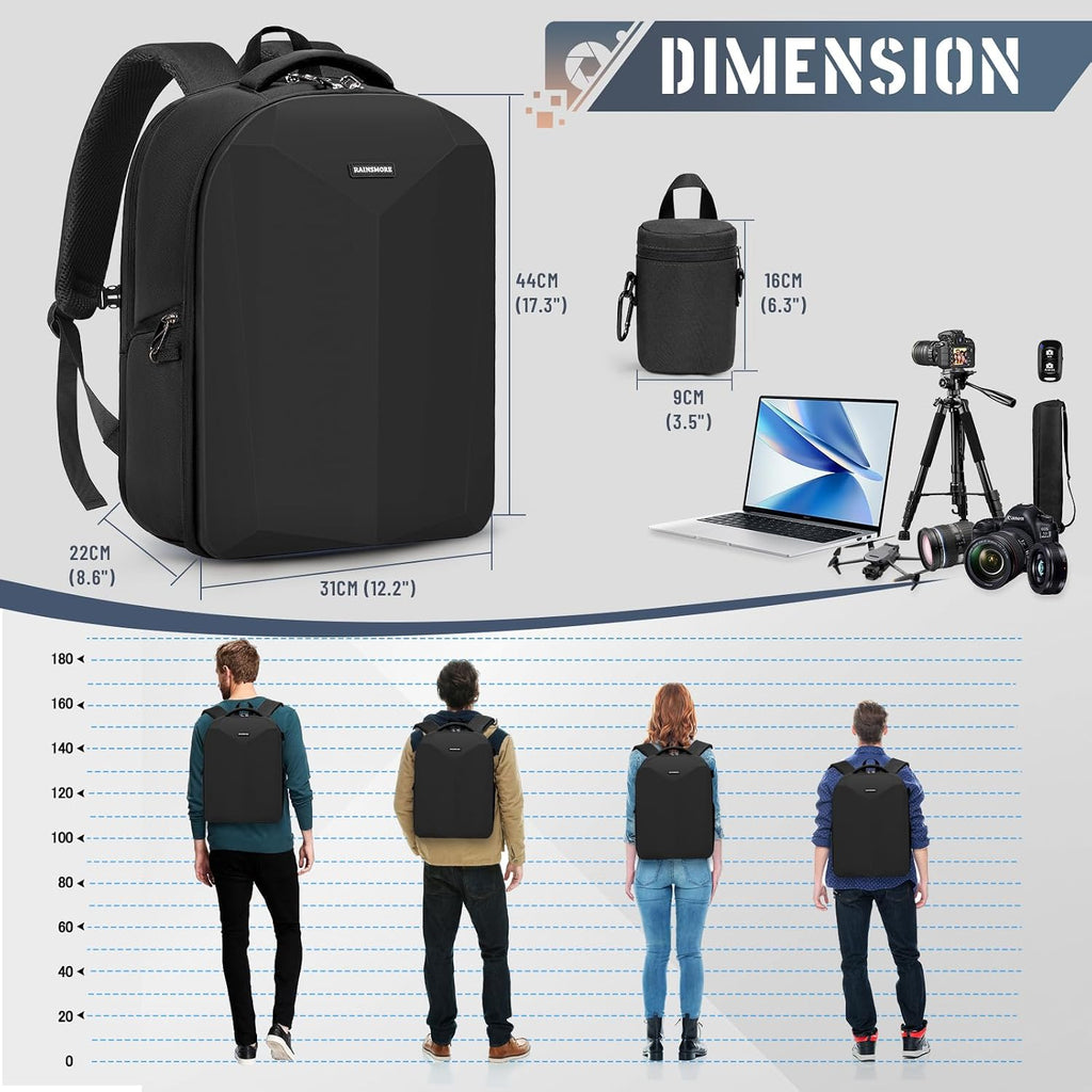 RAINSMORE Camera Backpack Hard Shell for DSLR/SLR Waterproof Camera Bag with Laptop Compartment 15.6 Inch Professional Camera Case with Rain Cover Photography Backpack Bag with Camera Lens Case Black