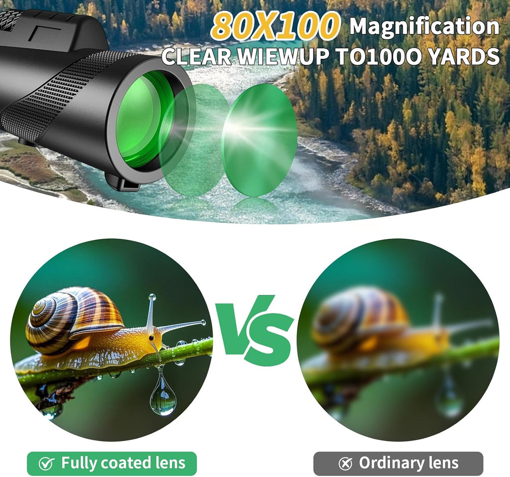 80x100 Monocular Telescope, BAK4, Waterproof, Phone Adapter, Hiking