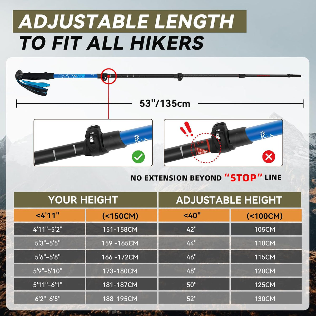Telescopic Trekking Poles for Hiking, Lightweight Walking Sticks