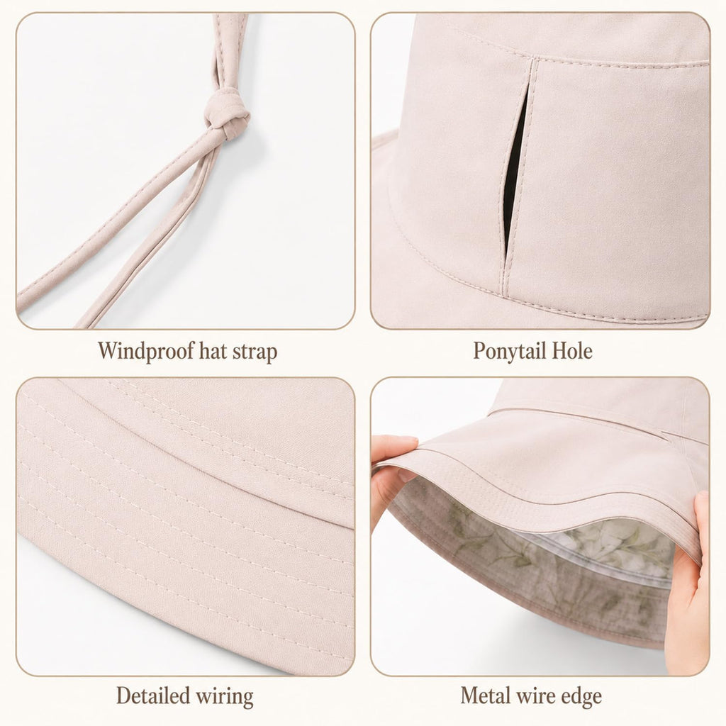 Wide Brim Sun Hat for Women Reversible Beach Hats Metal Wired Edge Gardening Hats, UPF 50+ Bucket Summer Hat