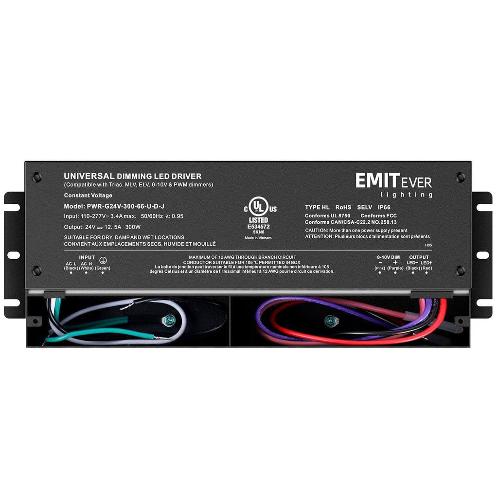 EMITEVER 2-Pack 300W 24V 5-in-1 Dimmable LED Driver, AC 110-277V to DC