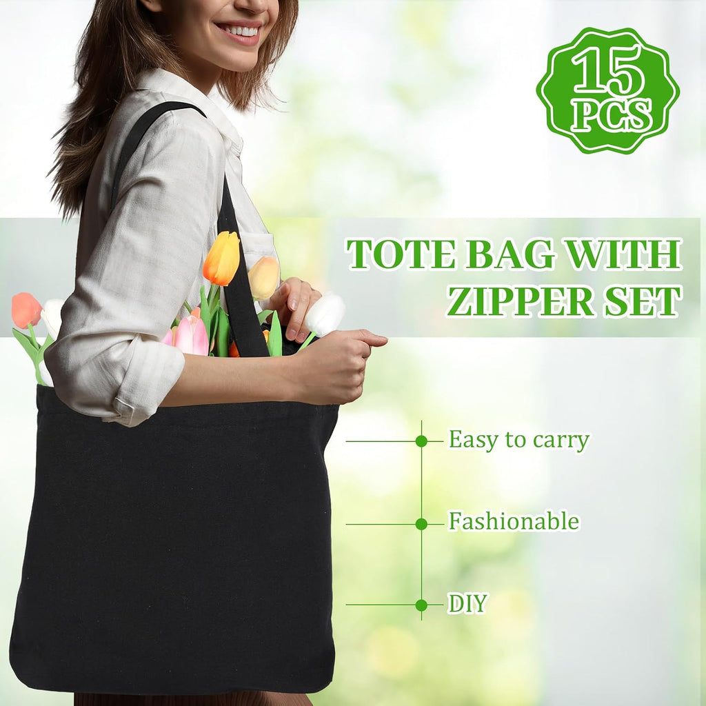 Silkfly 15 Pcs Canvas Tote Bags Bulk Blank Cotton Canvas Bag with Zipper Handles Reusable Plain Grocery Makeup Handbag for DIY(16.5x13.4'', Black)