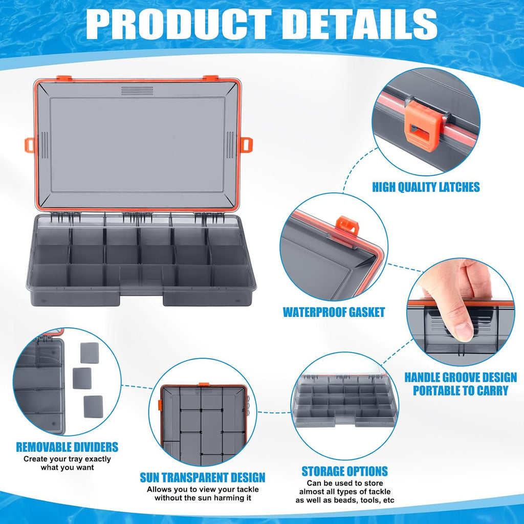 Wonderjune 6 Pack Fishing Tackle Box Waterproof 3700 Tackle Tray, Orange