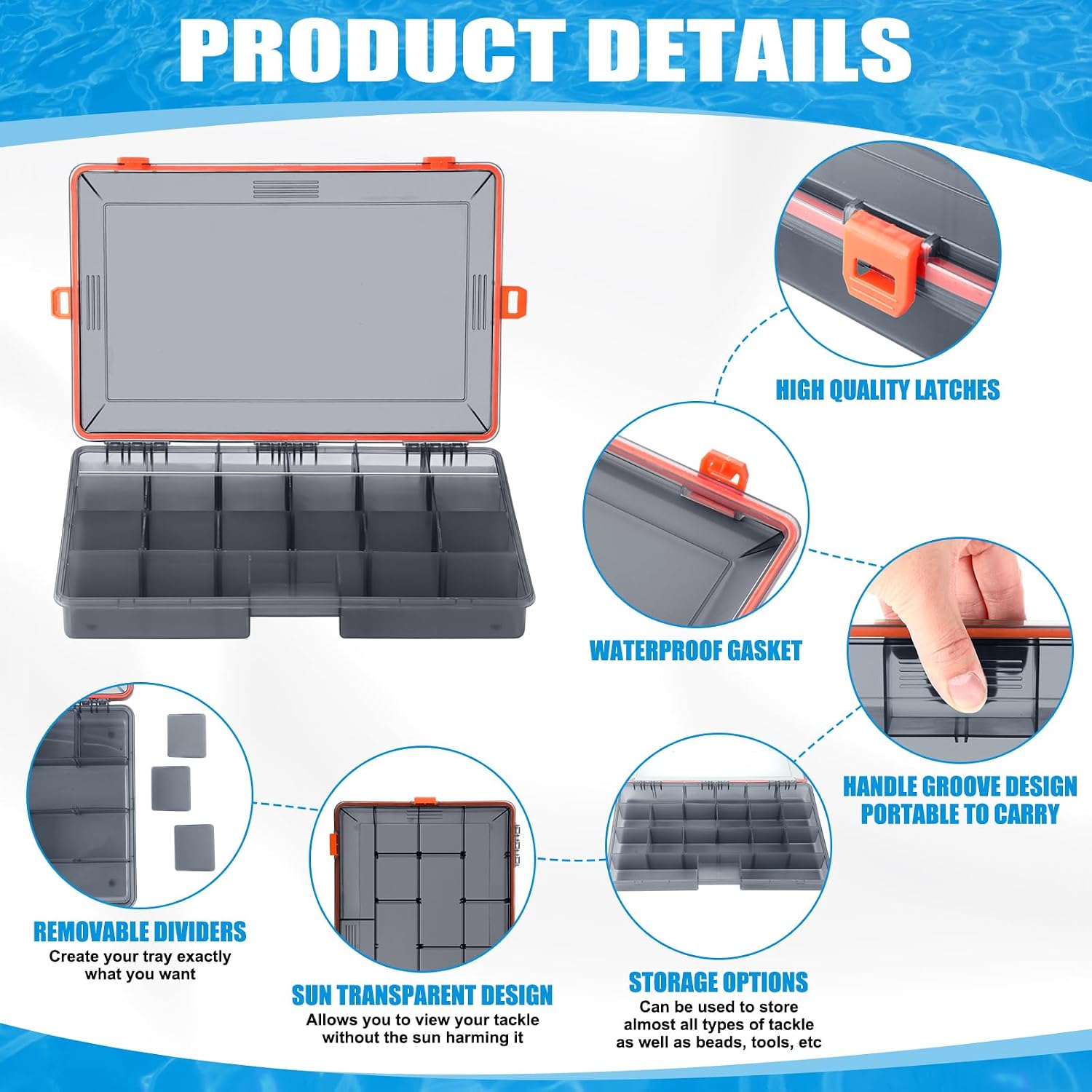 Wonderjune 6 Pack Fishing Tackle Box Waterproof 3700 Tackle Tray, Orange
