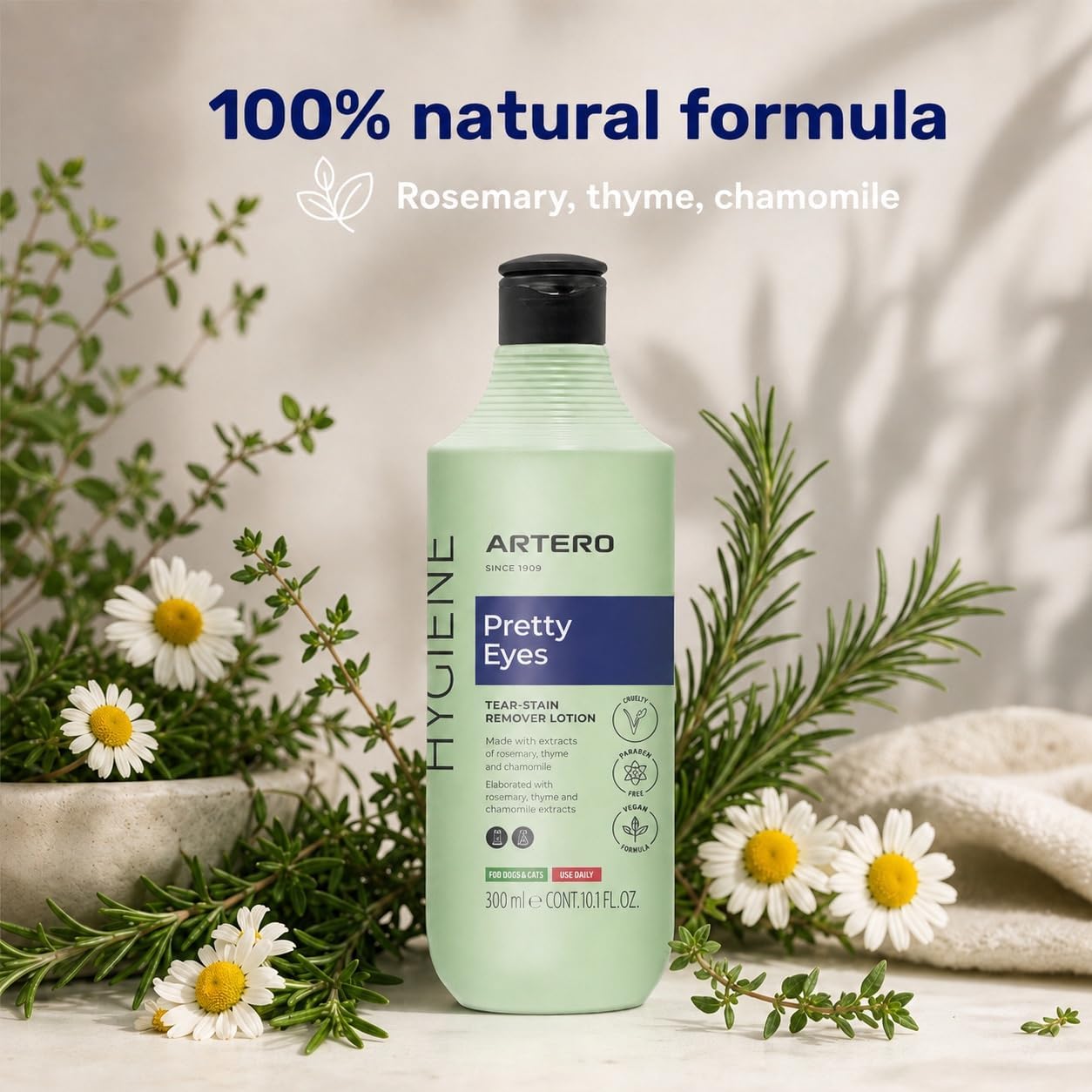 ARTERO Pretty Eyes. Eye Cleaner. Effectively removes Tear Stains from the Tear ducts of Dogs and Cats, ensuring a Clean and Healthy Appearance. 300 ml Bottle for Regular use.