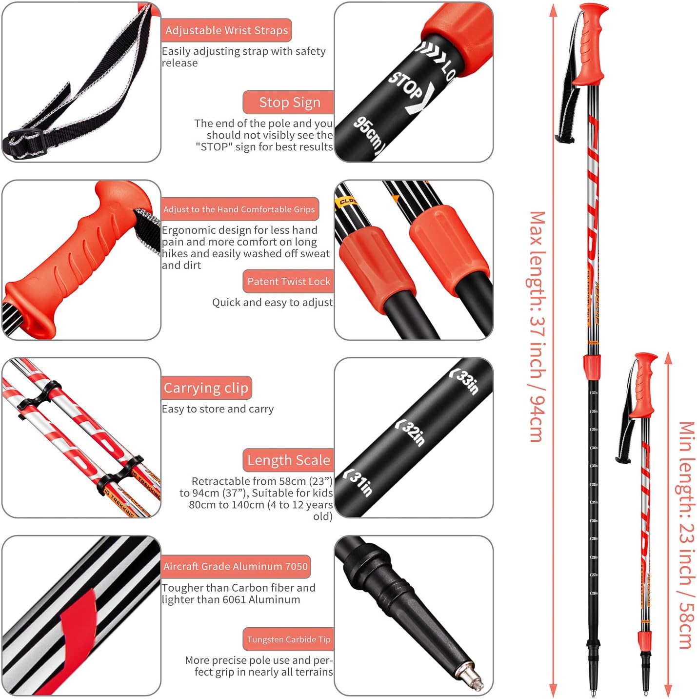 FitTrek Hiking Poles for Kids - Ultralight Nordic Walking Sticks - Telescopic Child Trekking Poles Collapsible 2 Pack
