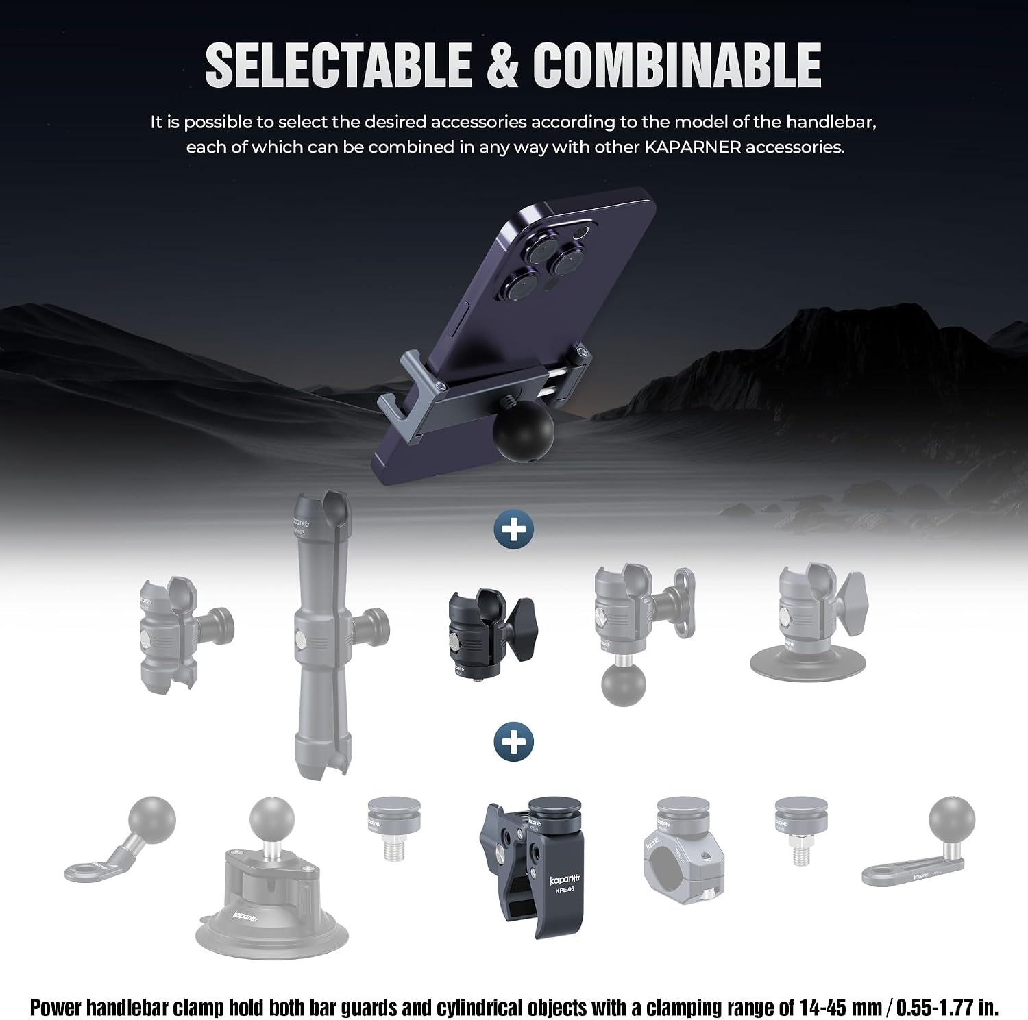 Motorcycle Phone Mount, Handlebar Clamp Base Fits 0.5"-2" Diameter Bars, 25mm Ball Head & Aluminum Socket Arm, 360° Rotatable, Universal for iPhone/Android Phones Width 2.56"-3.74"(KPS-07)