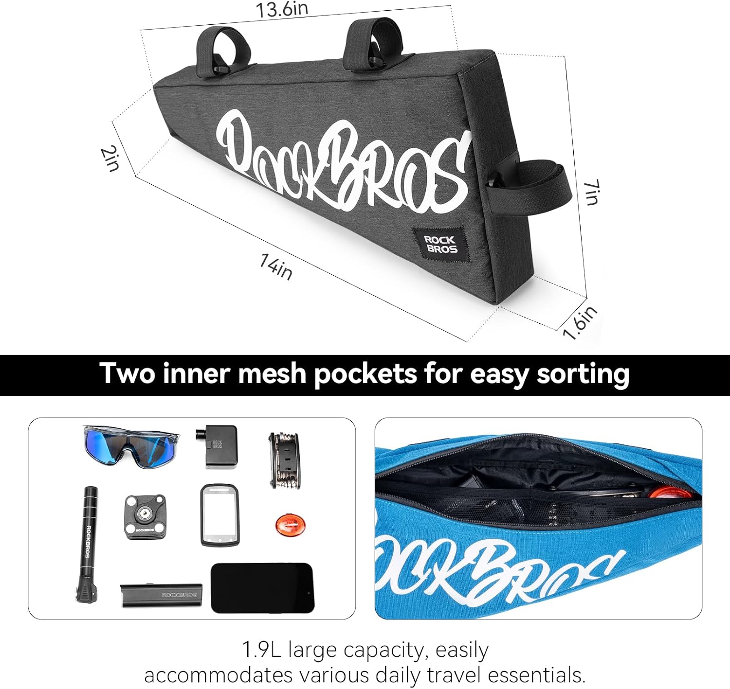 ROCKBROS Bike Frame Bag 1.9L Water-Resistant Slim Triangle Pouch