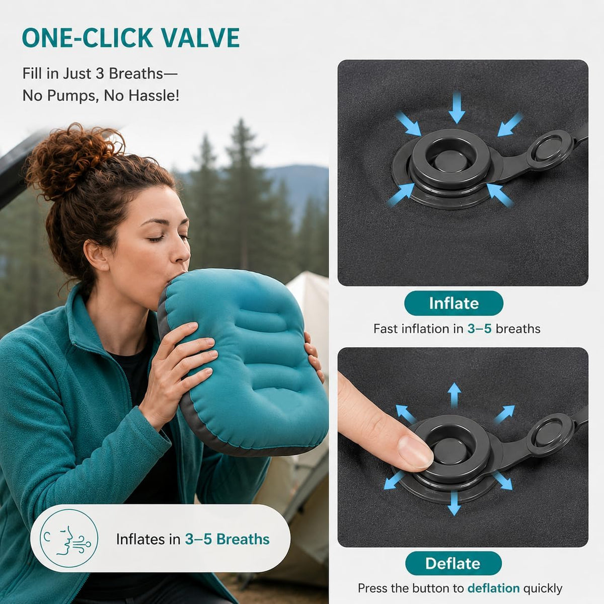 Inflatable Camping Pillow, Ultralight Travel Pillow with Storage Bag for Neck Lumbar Support, Compact Comfortable Inflating Pillow for Camping, Hiking, Backpacking, Outdoor (Peacock Blue)