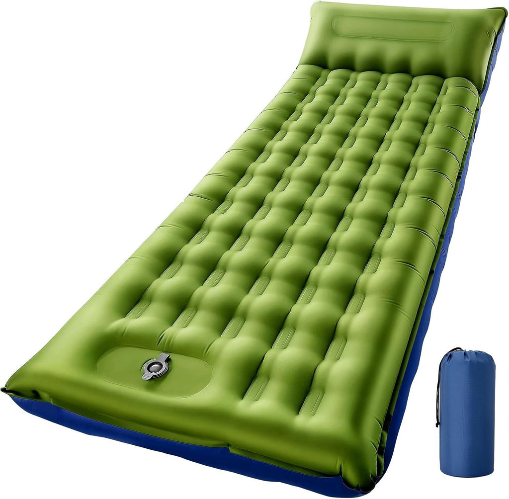 Camping Sleeping Pad, 6 inch Thick Ultralight Camping Mat with Pillow, Built-in Foot Pump Inflatable Sleeping Pads Compact for Camping Backpacking Hiking Traveling Tent,Single,Green