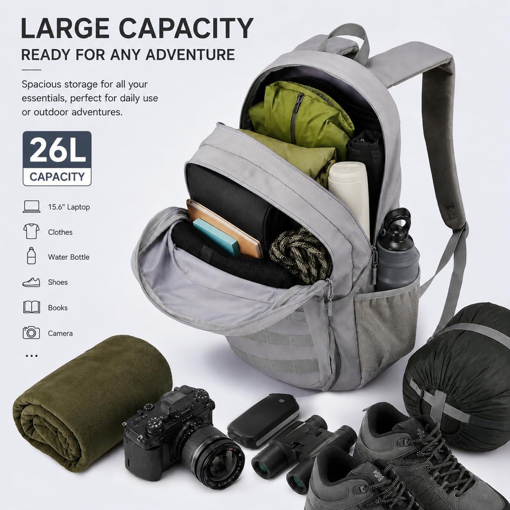 Hiking Travel Backpacks Men and Women, Lightweight Waterproof Laptop Backpack Outdoor Camping Backpack Hiking Daypack for Travel, Trekking, Work 26L (Grey)