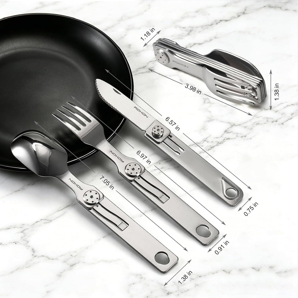 ROXON 3-in-1 Camping Utensils Set with Case (Knife, Spoon, Fork) Silver