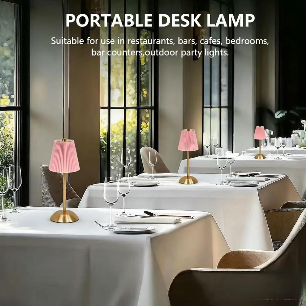 Pink Table Lamps, Battery Operated Cordless Desk Lamp, 3 ColorDimming, Rechargrable LED Lamp,Fabric Lamps, Vintage Aesthetic Lamp for Bedside, Living Room, Home Decor (Gold+Pink)