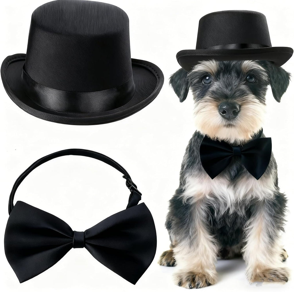 Qiansail 2Pcs Pet Formal Accessories Set Wedding Dog Top Hat with Bowtie Cat Tuxedo Necktie Costumes for Halloween Birthday Party, Polyester, Black