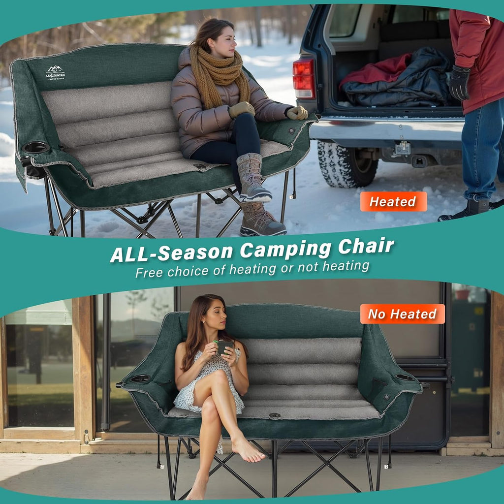 Heated Double Camping Chairs,3 Heat Levels Padded Portable Loveseat w/Wine Glass Holder,Cup Holder,Heating Outdoor Camp Couch Support 600 Lbs,Dark Green,Battery NOT Included