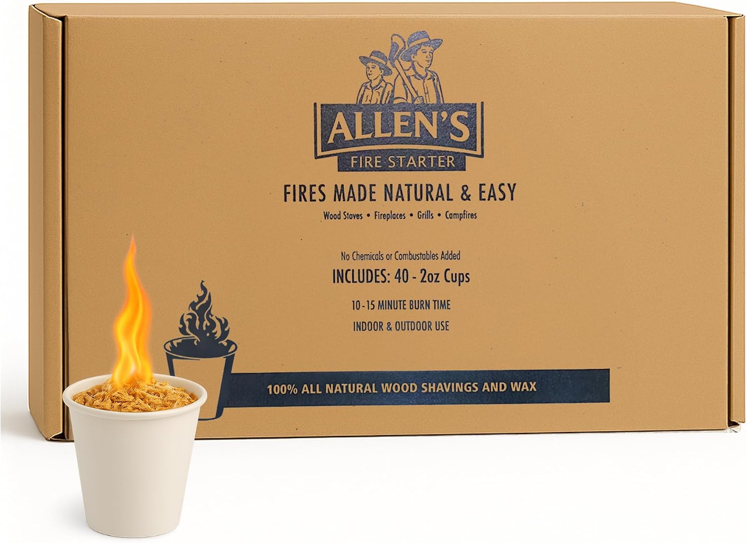 Allen's Wood Fire Starter Cups – Natural Wax & Wood Chip Firestarters for Campfires, Fire Sticks for Fireplace, Grilling & BBQ – 15 Min Burn – Clean Fire Start – Great for Travel & Hunting