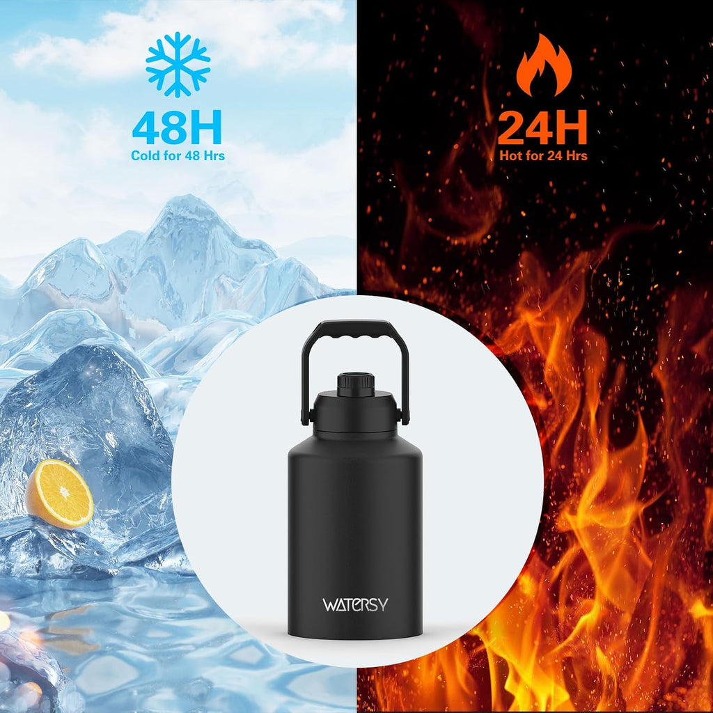 WATERSY 1 Gallon Water Bottle Insulated(Cold for 48 Hrs),BPA Free&Leak Proof,128oz Stainless Steel Water Jug with Handle for Gym,Hiking,Camping&Travel,Black Large Thermo