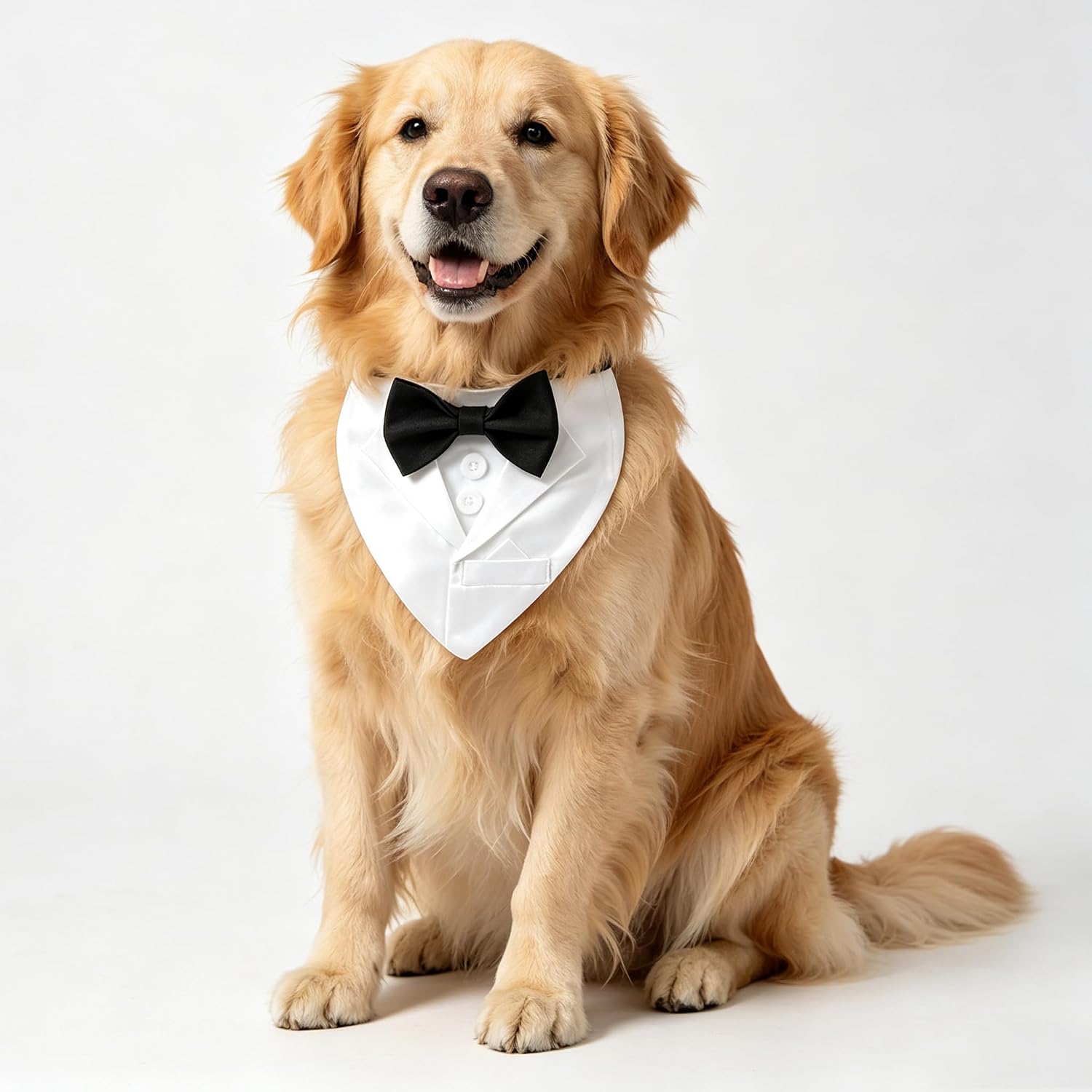 Dog Tuxedo Suit Wedding Collar, White Bandana with Black Bowtie, Adjustable Formal Dog Tux, Engagement Birthday Party Costume (L)
